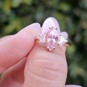 14k gold Marquise pink CZ Ring with Clear CZ Side Stones